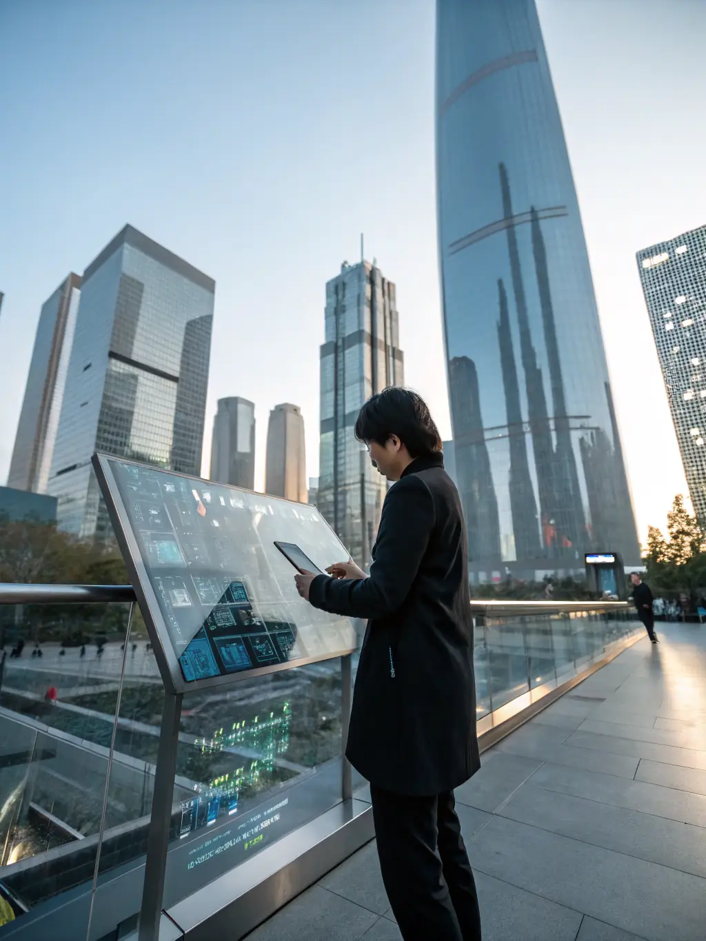 A person wearing augmented reality glasses, interacting with virtual elements overlaid on their real-world environment, in a modern urban setting.