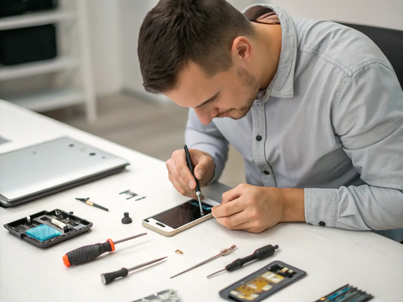 A professional tech expert is analyzing the internal components of a smartphone in a high-tech lab environment, surrounded by advanced testing equipment.