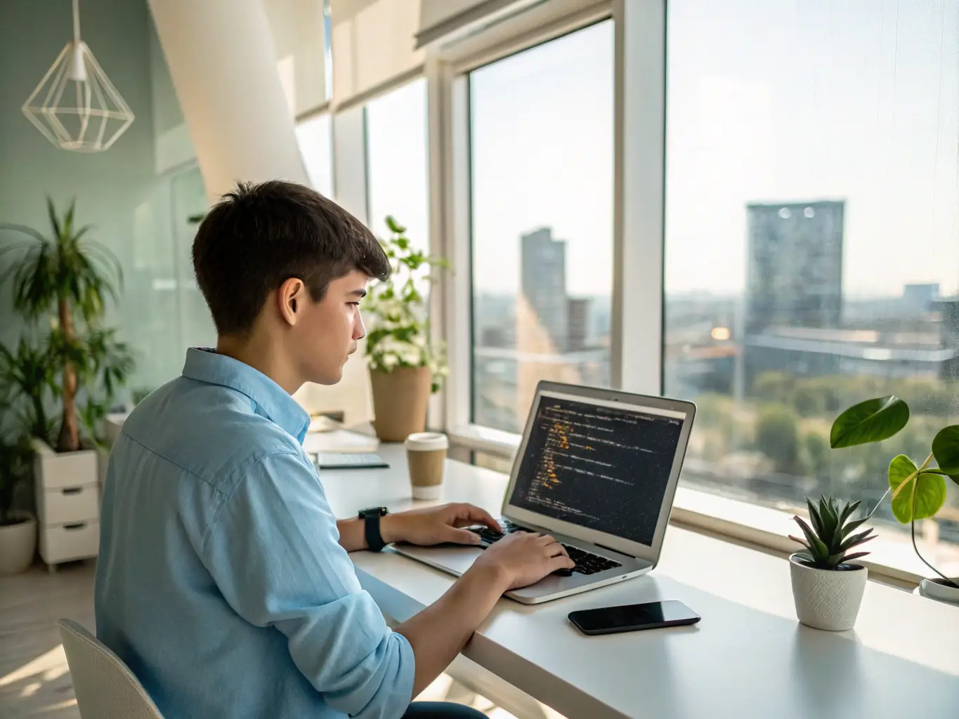 A software developer is coding on a laptop, with lines of code related to mobile operating systems displayed on the screen, in a modern office setting.
