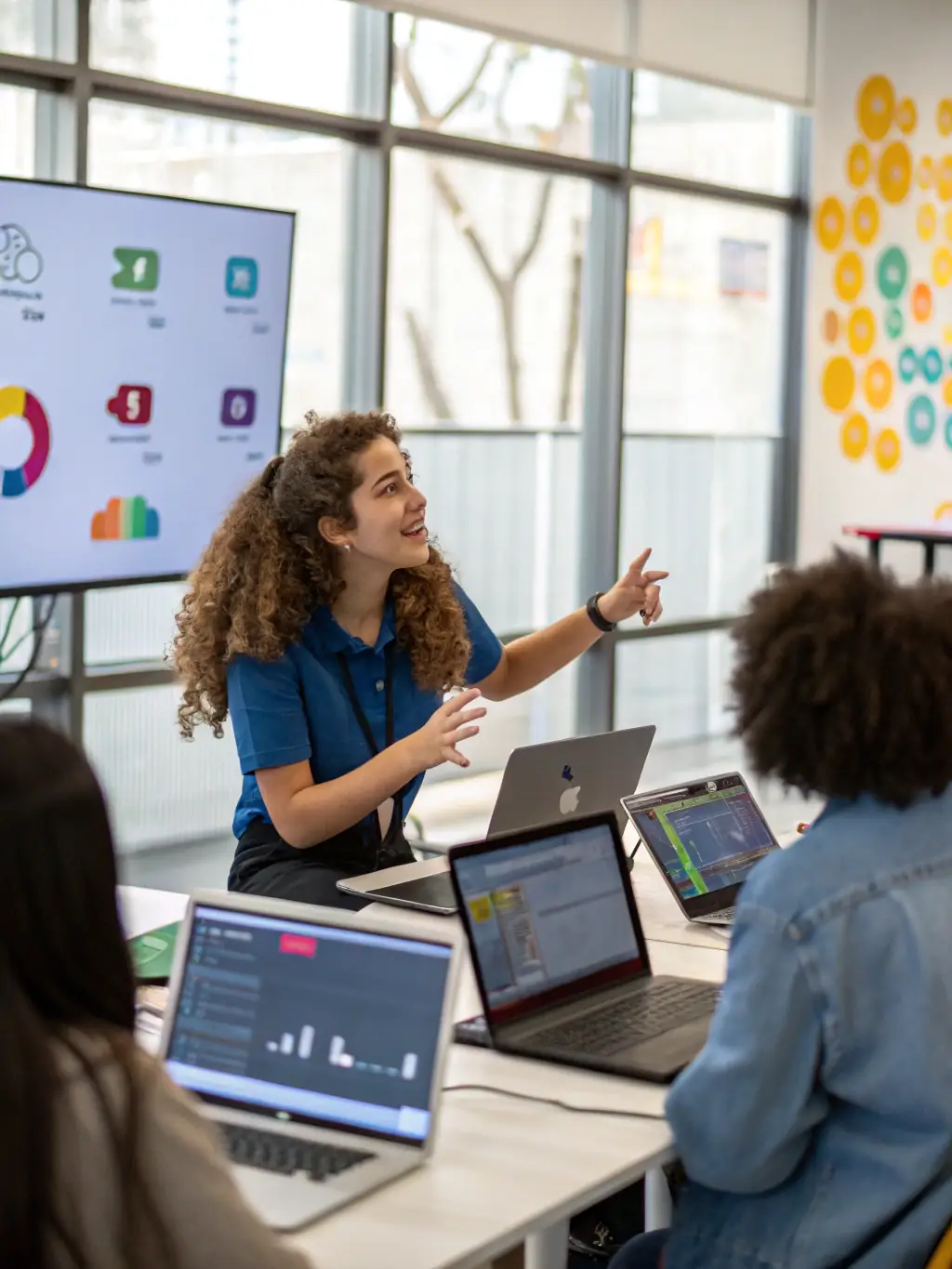 A candid photo of a forum member, Emily, presenting a mobile tech review at a local meetup, with a small audience listening attentively.