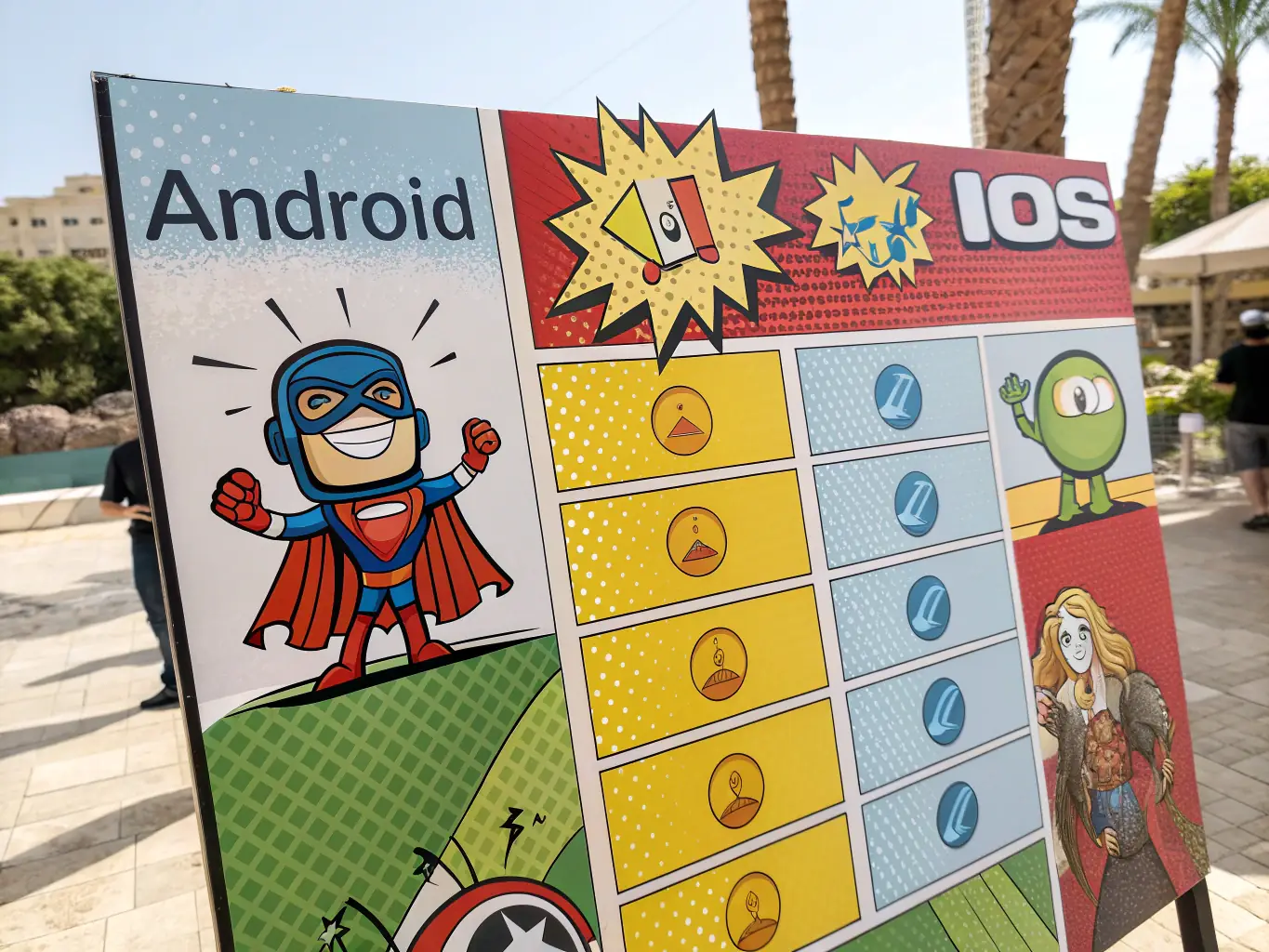 An image depicting a detailed comparison chart of different mobile operating systems, highlighting their features, pros, and cons.