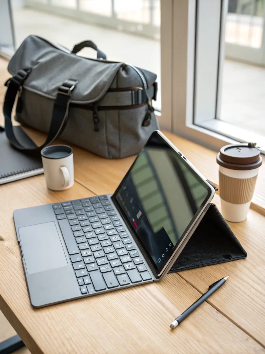 A foldable tablet transforming into a large-screen display, showcasing its versatility for both productivity and entertainment.