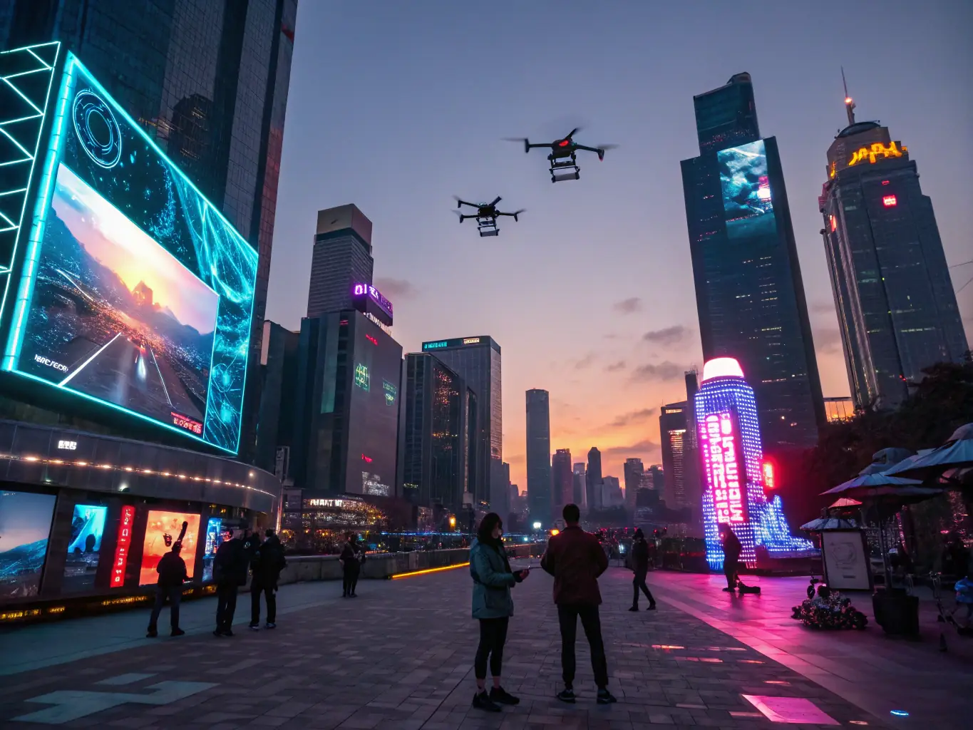 A futuristic cityscape with holographic mobile devices floating in the air, showcasing emerging mobile technologies like augmented reality and 5G connectivity.