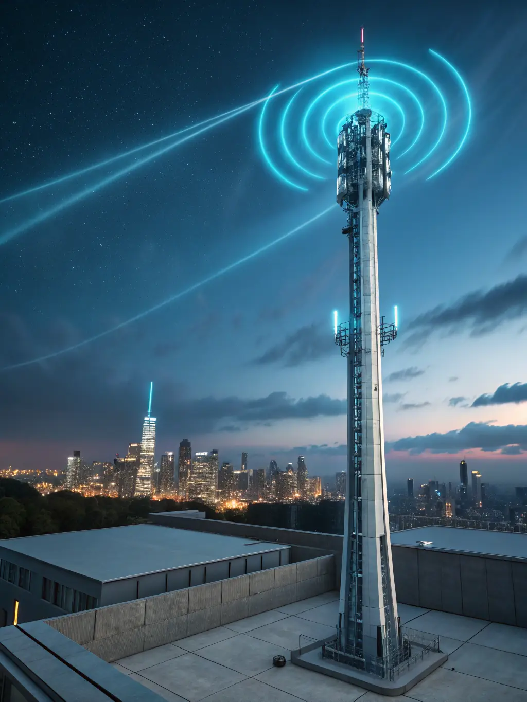 A high-speed 6G network tower transmitting data wirelessly, with a smartphone displaying ultra-fast download speeds in the foreground.