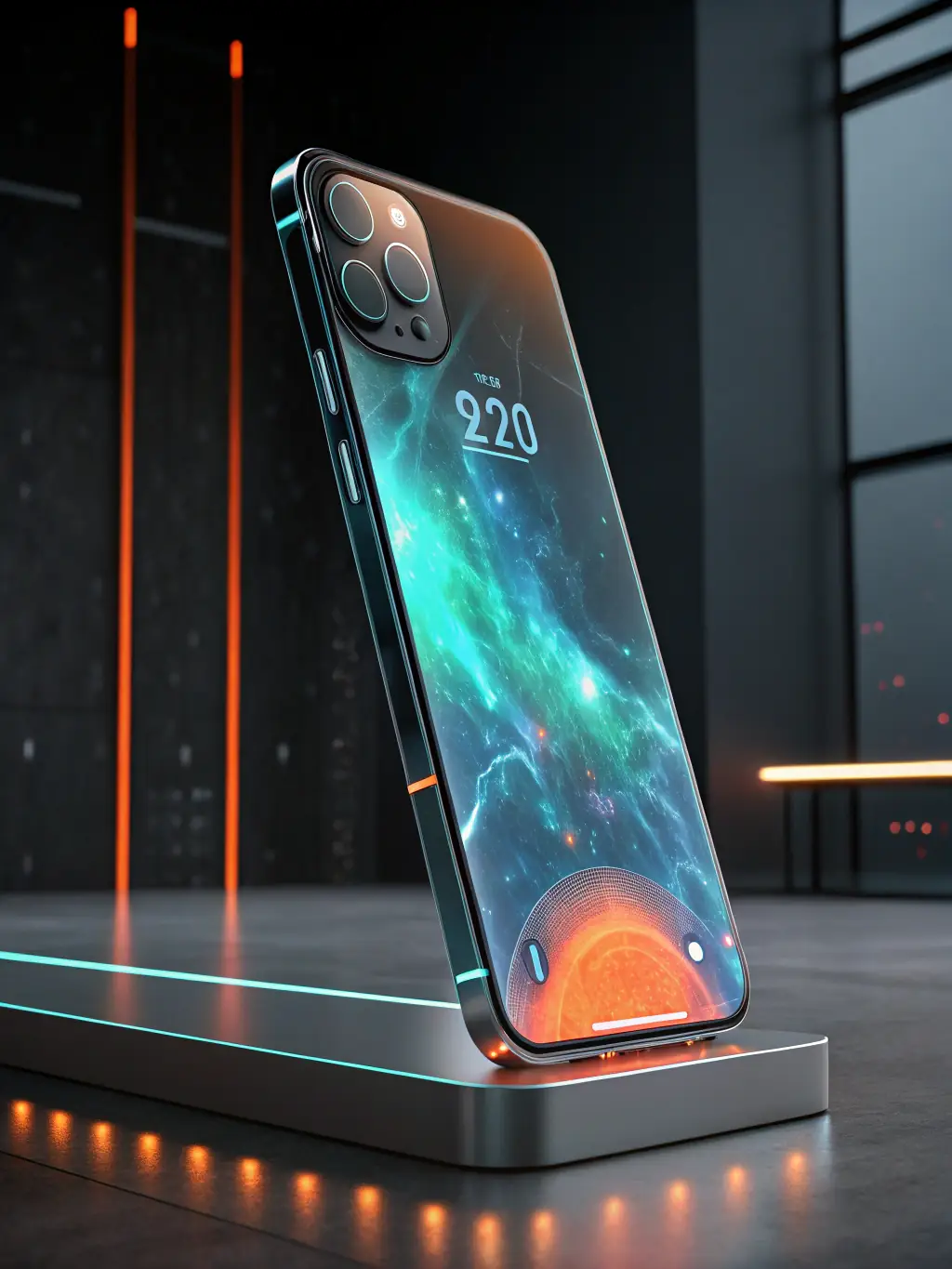 A futuristic smartphone with a holographic display projecting interactive data visualizations, set against a backdrop of a bustling tech convention.