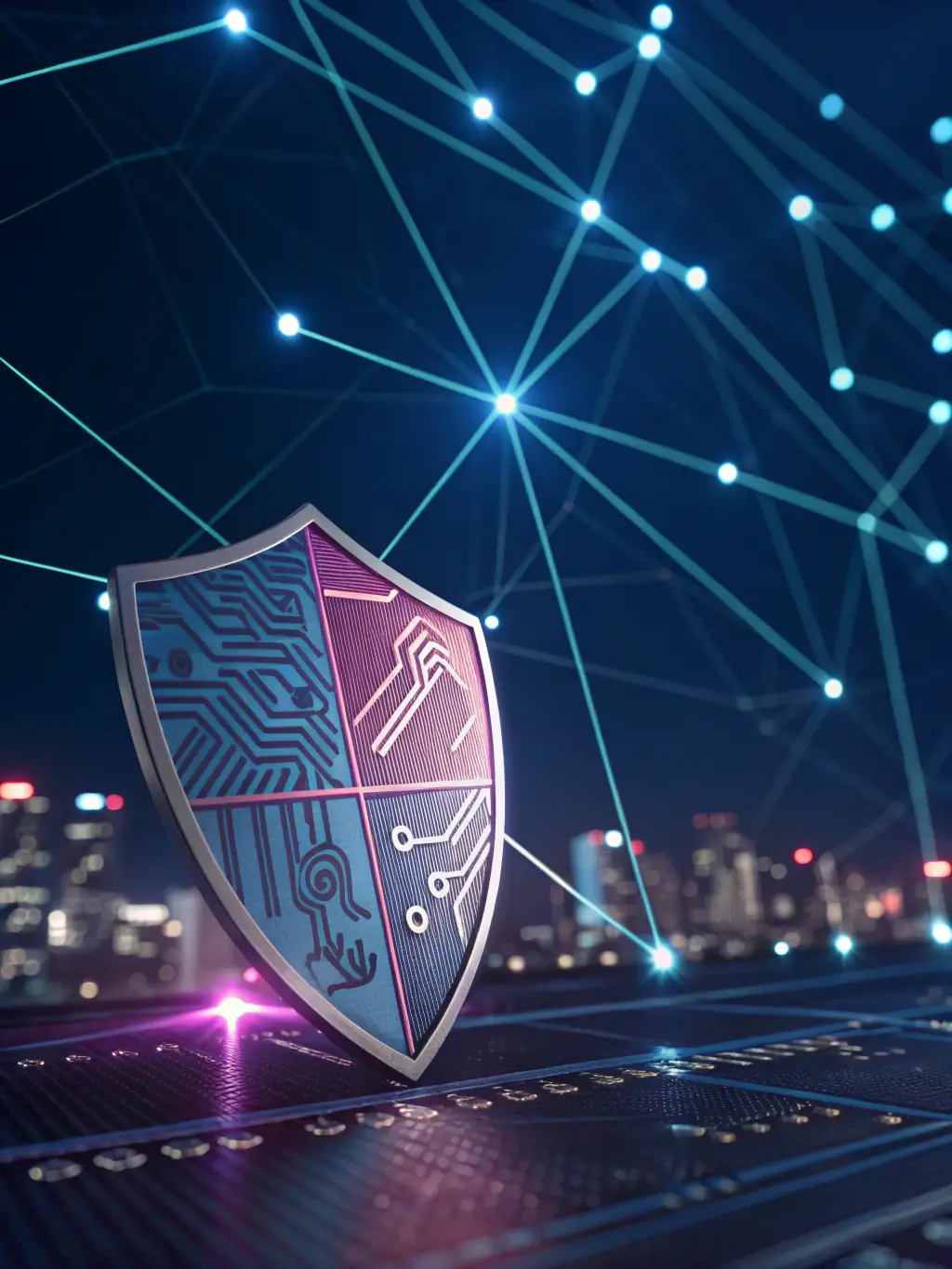 A dynamic shield icon morphing in real-time, symbolizing Norton's proactive threat detection, set against a digital network background.