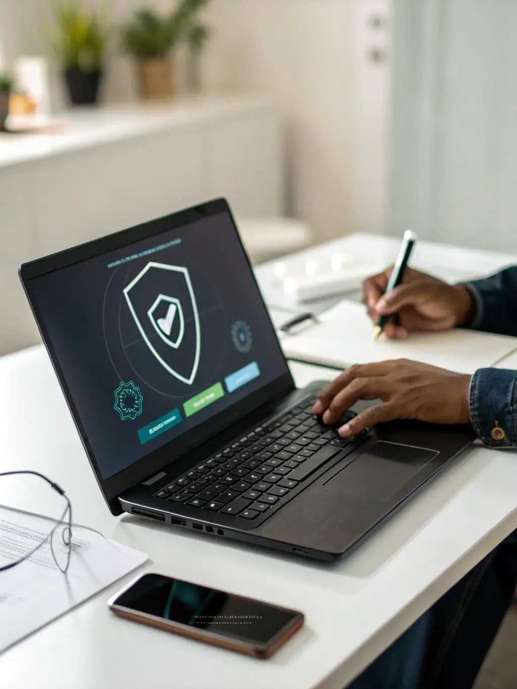 A laptop displaying the Norton logo with a checkmark, symbolizing trusted protection and reliability, set against a background of satisfied customers.